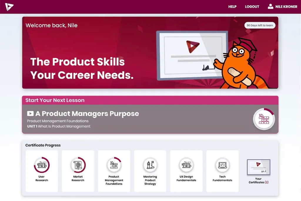 Self-paced product management training dashboard with bite-sized lessons